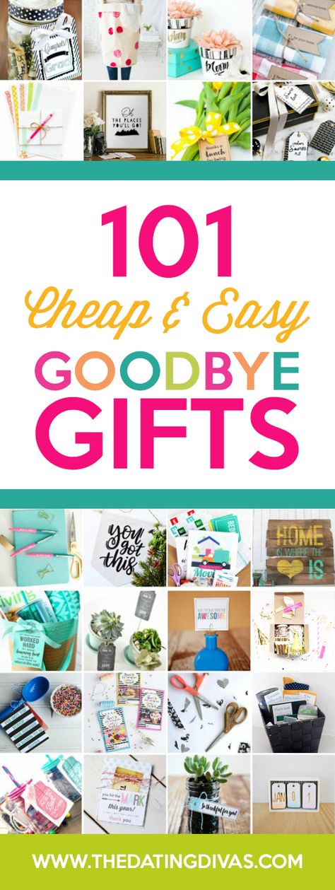 Over 100 cheap and easy goodbye gift ideas! From The Dating Divas Goodbye Gifts For Coworkers Diy Basket, Diy Farewell Gifts For Coworkers, Goodbye Presents For Coworkers, Goodbye Party Ideas Work, Fairwell Gifts, Coworker Goodbye Gifts, Goodbye Gifts For Friends Moving, Goodbye Gifts For Friends, Goodbye Party Ideas