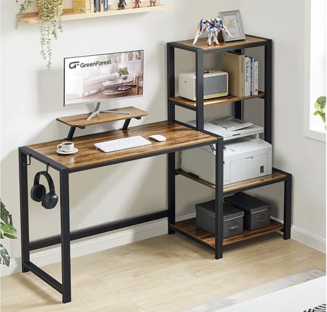 The office desk features 4 layers open-sided shelves. The middle shelf provides plenty space for large printer, fax machines or scanners. With the suitable height, it's convenient to reach and prop up. You could also put your favorite gaming CPU on this higher shelf, perfectly showing a sleek style with your CPU eye catching vibrance. Great to hold your file boxes, baskets on the large bottom shelf, and photos or other decorations on the two top shelves. Gaming Cpu, Printer Shelf, Study Writing, Home Office Table, Desk Size, Wall Bookshelves, Bed In Living Room, Writing Table, Monitor Stand