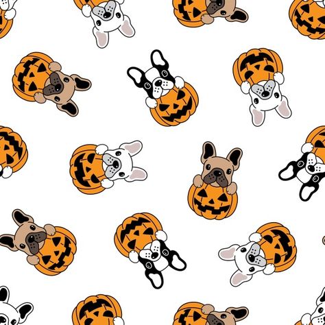 Puppies in jack-o-lantern cartoon | Premium Vector #Freepik #vector #background #pattern #halloween #dog Frenchie Puppy Cartoon, Halloween Dog Aesthetic, Frenchie Halloween Wallpaper, Dog Halloween Background, Halloween Dog Backgrounds, Dog Halloween Drawing, Frenchie Wallpaper Iphone, Halloween Wallpaper Dog, Halloween Dog Art