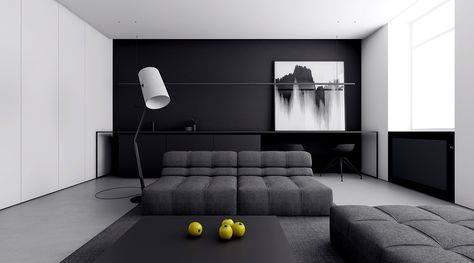 Black and white may seem like a boring color scheme, but it can really stand out! http://www.home-designing.com/monochrome-minimalist-spaces-creating-black-and-white-magic?utm_source=&utm_medium=&utm_campaign=&utm_content= Minimalist Monochrome Living Room, Monochrome Living Room, Black And White Furniture, White Living Room Decor, Cozy Living Room Design, Black And White Living Room, White Furniture Living Room, Black Living Room, Accent Walls In Living Room