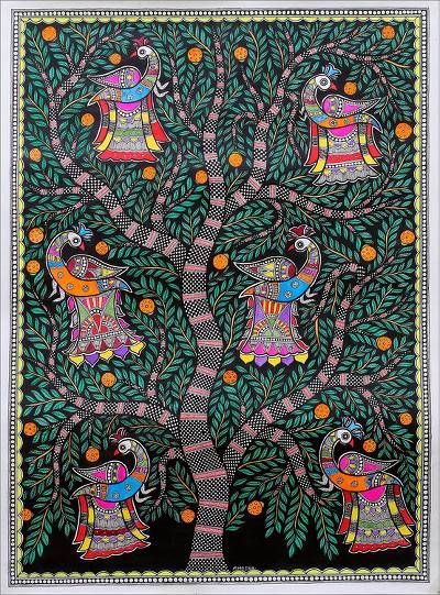 Signed Colorful Madhubani Painting of a Tree from India - Tree of Life IV | NOVICA Madhubani Tree, Mediterranean Paintings, Tree Of Life Painting, Gond Painting, Madhubani Paintings, Painting Styles, Kalamkari Painting, Indian Painting, Madhubani Art