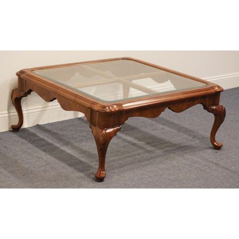 HEKMAN FURNITURE Solid Cherry Traditional Style 39" Square Glass Topped Accent Coffee Table  17.5" High 39.75" Wide 39.75" Deep  We specialize in high end used furniture that we consider to be at least an 8 on a scale of 1 to 10 regarding condition, unless otherwise noted. Cool Coffee Tables Wood, Square Table Design, Wooden Centre Table, Country Style Coffee Table, Glass Wood Table, Centre Tables, Accent Coffee Table, Centre Table Living Room, Centre Table Design