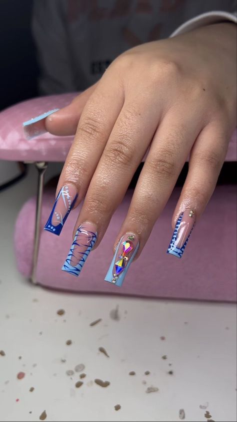 pretty & unique nails. Cute Birthday Nails Acrylic, Nail Freestyle Designs, Blue Freestyle Nails, Acrylic Nail Designs Classy, Orange Acrylic Nails, Acrylic Toe Nails, Long Acrylic Nail Designs, Blue Acrylic Nails, Drip Nails