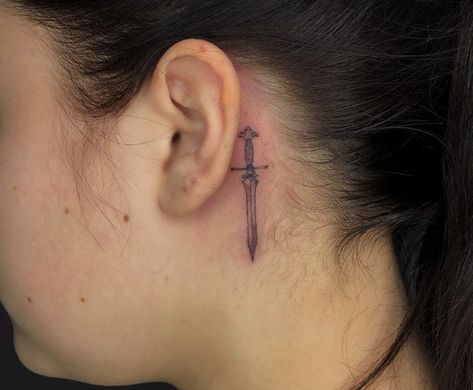 Knife Behind Ear Tattoo, Unique Christian Tattoos For Women, Behind Ear Tats, Unique Christian Tattoos, Lightsaber Tattoo, Tattoos 2023, Enough Tattoo, Blade Tattoo, Throat Tattoo