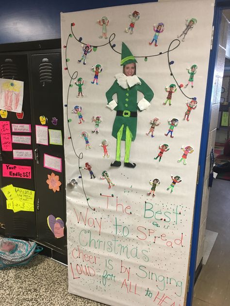 Elves Door Decorations Classroom, Buddy The Elf Door Decorating Contest, Elf Classroom Door Ideas, Elves Door Decoration, Elf On The Shelf Classroom Door, Buddy The Elf Classroom Door, Buddy The Elf Classroom Decorations, Christmas Door For School, Buddy The Elf Bulletin Board