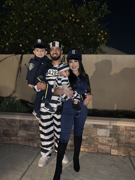 #Halloween #halloweencostumes #familycostumes #policeofficer #prisoners #cops #crooks #familycostumeideas #family #babycostumes #toddlercostumes #matchingcostumes Police Officer Family Costume, Police Family Costume Ideas, Cops And Robbers Family Costume, Cops And Inmates Costume, Cop And Robber Costume Couple, Cop And Prisoner Costumes Couples, Cops And Robbers Costume, Robber Halloween Costume, Halloween Costumes Family