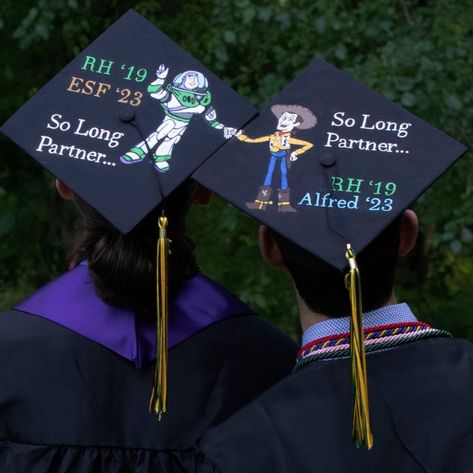 Hand painted, twins, best friends Bestie Graduation Caps, Trio Graduation Caps, Friend Graduation Caps, Matching Grad Caps For Best Friends, Graduation Cap Designs Best Friends, Duo Graduation Cap, Best Friend Grad Caps, Matching Graduation Caps Best Friend, Best Friend Graduation Caps