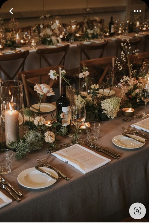 Small Wedding Dinner Decor, Taupe Linen Tablecloth Wedding, Romantic Weddings Theme Elegant Inspiration, Wedding Table With Tablecloth, Farmhouse Wedding Aesthetic, Flower Display Wedding Ceremony, Wood Table For Wedding, Wedding Floral Ideas Receptions, Elegant Wedding Dinner Table Setting