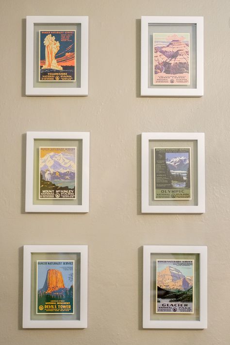 Postcard In Frame, National Park Posters Decor, Framed Postcards Wall Decor, Post Cards Wall Decor Aesthetic, Framed Post Cards, National Parks Room, National Park Gallery Wall, National Park Room Decor, Framed Postcards Display Ideas