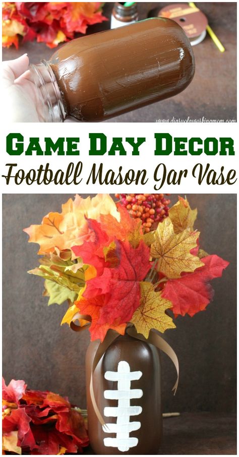 Football Mason Jars Diy, Diy Outdoor Football Decor, Football Home Decor Ideas, Football Themed Thanksgiving, Football Home Decor Diy, Alabama Football Decor, Fall And Football Decor, Football Party Centerpieces Diy, Football Table Centerpieces