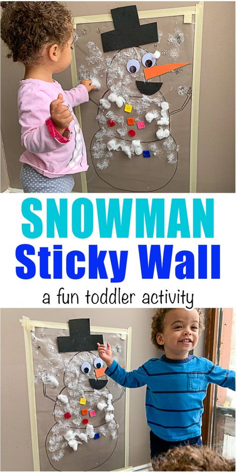 Snowman Sticky Wall - HAPPY TODDLER PLAYTIME January Toddler Activities Learning, Toddler Hand And Foot Print Christmas Crafts, Contact Paper Toddler Activities, Christmas Activities Babies, Snowman Preschool, Winter Activities For Toddlers, Georgia Christmas, Weekly Activities, Snowmen Activities