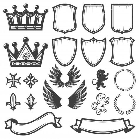 Colección de elementos heráldicos monocr... | Free Vector #Freepik #freevector #abstracto #corona #escudo #adjudicacion King Drawing, Medieval Drawings, Shield Vector, Lion Drawing, Isometric Illustration, Logo Vintage, Free Graphics, Moyen Age, Crown Royal