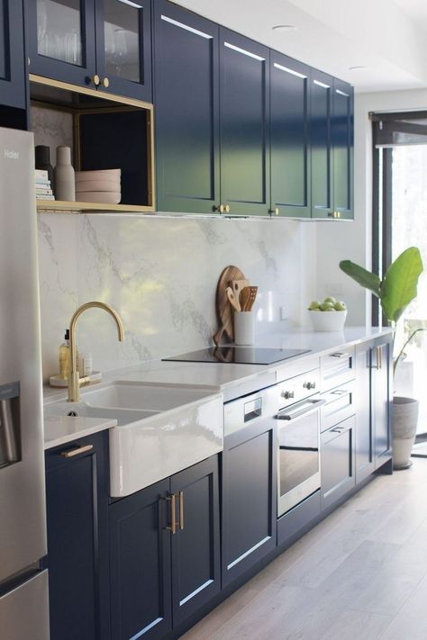 Blue Kitchen Interior, Navy Blue Kitchen Cabinets, Accent Wall In Kitchen, Navy Blue Kitchen, Navy Kitchen, Blue Kitchen Cabinets, Blue Cabinets, White Kitchens, Gold Kitchen