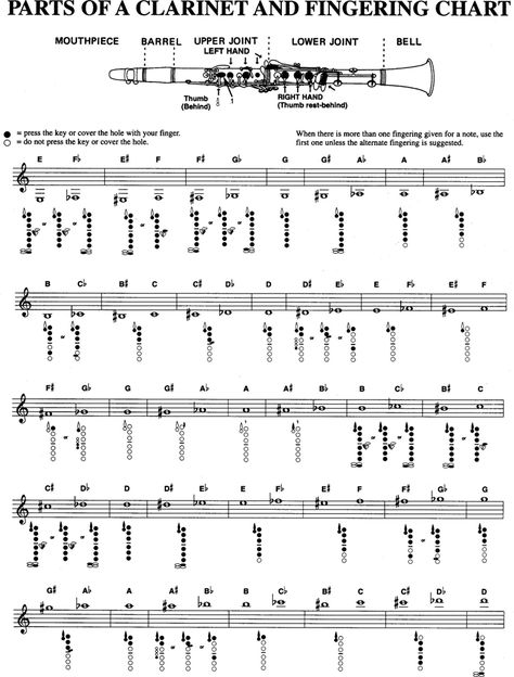 Parts of A Clarinet And Fingering Chart Clarinet Notes Chart, Clarinet Tips, Clarinet Fingering Chart, Clarinet Notes With The Letters, B Flat Clarinet Sheet Music, Eb Clarinet, Clarinet Music, Clarinet Sheet Music, Music Tutorials