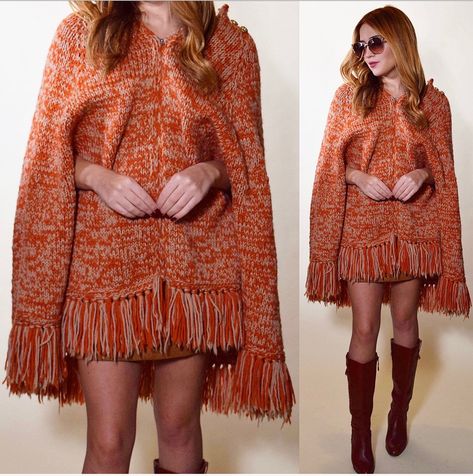 Poncho Outfit, 50s Outfits, Fringe Poncho, 60s And 70s Fashion, Austin Powers, Crochet Sweaters, Fringed Poncho, Knit Picks, 1970s Fashion