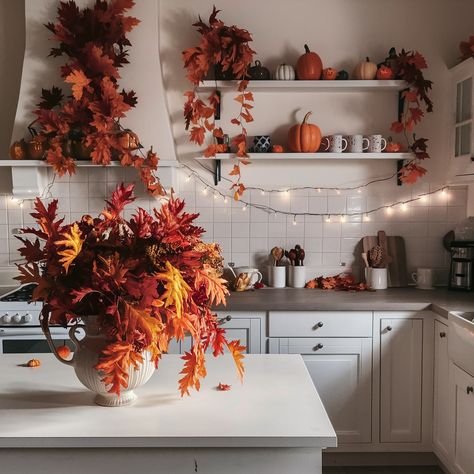 KITCHEN FALL DECOR IDEAS🧡🧡 Kitchen Shelf Fall Decor, Fall Decor Around Kitchen Window, Kitchen Window Fall Decorations, Kitchen Sink Window Fall Decor, Kitchen Floating Shelves Fall Decor, Fall Shelf Decor, Fall Kitchen Decor, Fall Decor Ideas, Fall Decorations Porch