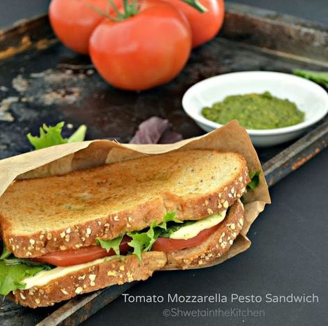 Tomato Mozzarella Pesto Sandwich - Shweta in the Kitchen Tomato Mozzarella Sandwich, Pesto Sandwich Recipe, Tomato Basil Pesto, Mozzarella Tomato Basil, Food Sandwiches, Mozzarella Tomato, Mozzarella Sandwich, Pesto Sandwich, Picnic Sandwiches