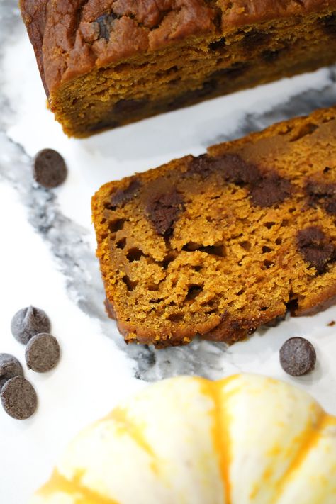 Gooey Pumpkiny Pumpkin Bread — Brandi Milloy Pumpkin Banana Bread, Pumpkin Loaf, Chocolate Chip Bread, Pumpkin Chocolate Chip Bread, Pumpkin Chocolate Chip, Pumpkin Spice Coffee, Delectable Desserts, Pumpkin Bread Recipe, Pumpkin Chocolate Chips