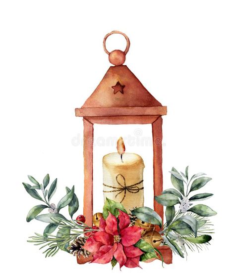 Watercolor Christmas lantern with candle and decor. Hand painted traditional lantern with christmas plant isolated on royalty free illustration Ramadan Kids, نباتات منزلية, Christmas Lantern, Traditional Lanterns, Christmas Plants, Lantern Candle Decor, Ramadan Crafts, Christmas Card Art, Watercolor Christmas Cards