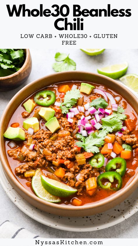 Simple and delicious Whole30 beanless chili is perfect for a cozy night in! Made with nourishing protein, a rainbow of healthy vegetables, and plenty of spices for deep and rich flavor. Easy to make and perfect for the whole family! Whole30, paleo, and gluten free. Chili Gluten Free, Beanless Chili Recipe, Whole 30 Soup, Beanless Chili, Healthy Slow Cooker Recipes, Whole30 Recipes, Healthy Slow Cooker, Slow Cooker Recipes Healthy, Healthy Vegetables