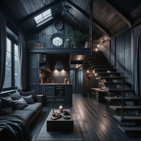 Tiny House Dark Interior, Black Interior Tiny House, Apartment Ideas Bloxburg, Gothic Tiny House, Home Decor Branding, Home Decor Amazon Finds, Decor Amazon Finds, Decor Branding, Home Decor Boutique