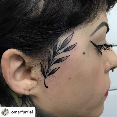 Women’s Sideburn Tattoo, Leaves Face Tattoo, Fern Face Tattoo, Side Shave Tattoo, Botanical Face Tattoo, Leaf Face Tattoo, Front Ear Tattoo Women, Facial Tattoos For Women, Sideburn Tattoo Women