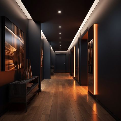 Welcome to a stylish fusion in this foyer, where dark tones harmonize with vibrant orange accents. Experience the allure of modern sophistication combined with bursts of energetic hues. Transform your entrance into a space that balances boldness with elegance, making a statement that's both refined and vibrant. 🌗🧡 #DarkFoyerDesign #OrangeAccents #StylishEntrance Dark Hallway Aesthetic, Penthouse Apartment Dark Aesthetic, Dark Hotel Hallway, Pent House Aesthetic Dark, Modern Dark Penthouse, Dark Hallway, Dark Elegance, Foyer Design, Orange Accents