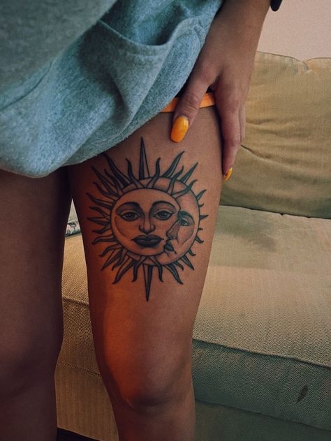 Sun And Moon Thigh Tattoo, Moon Thigh Tattoo, 777 Tattoo, Earthy Tattoos, Leg Sleeve, Leg Sleeves, Dope Tattoos, Sun And Moon, Pretty Tattoos