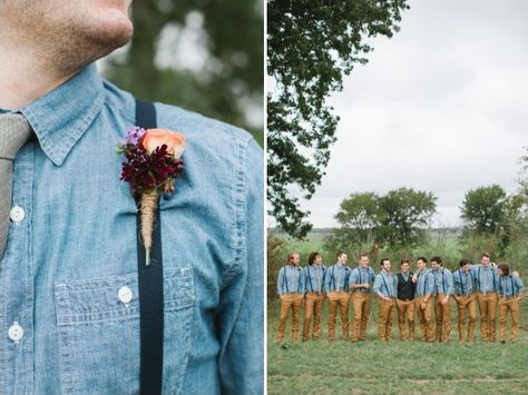 denim shirt and suspender groomsmen look Destination Wedding Attire, Groom Room, Groom Suspenders, Groomsmen Style, Chambray Shirts, Groomsmen Ideas, Groomsmen Suspenders, Groomsmen Looks, Loving Texas