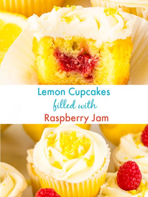 Lemon Cupcakes Filled with Raspberry Jam including instructions to make it with a cake mix or without. These fluffy little beauties are light and irresistible and the lemon buttercream frosting is perfection. #lemon #raspberry #lemoncupcakes How To Fill Cupcakes With Jam, Raspberry Filled Lemon Cupcakes, Lemon Raspberry Cupcakes With Filling, Lemon Cupcakes With Raspberry Filling, Lemon Cupcakes With Filling, Raspberry Lemon Cupcakes, Lemon Baking, Lemon Raspberry Cupcakes, Lemon Buttercream Frosting