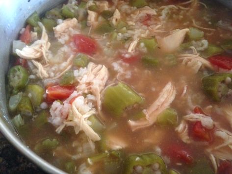 Chicken Gumbo Recipe Easy, Chicken Gumbo Soup Recipe, Gumbo Soup Recipe, Frozen Okra, Chicken Gumbo Soup, Okra Gumbo, Gumbo Soup, Chicken Gumbo, Soup Rice