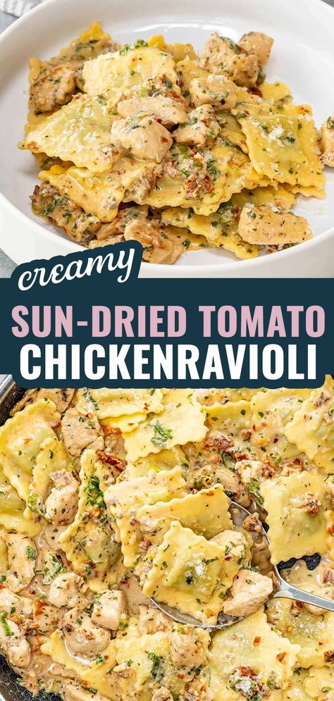 Creamy Sundried Tomato Chicken Ravioli, Main Course Dishes Recipes, Chicken And Ravioli Recipes, Sunday Summer Dinner, Summer Sunday Dinner Ideas, Ravioli Dishes, Sundried Tomato Recipes, Sun Dried Tomato Chicken, Welcome To Usa