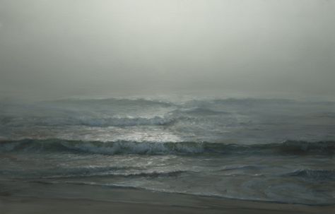 Title: Misty Morning 23"x36" This painting is part of a series of foggy day paintings. Misty Ocean Painting, Foggy Morning Painting, Misty Landscape Oil Painting, Horizon Painting, Moody Ocean Painting, Gloomy Ocean Painting, Ocean Horizon, Foggy Day, Paint Watercolor