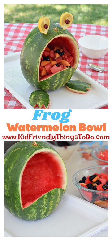 Frog Fruit Bowl, Watermelon Bowl Fruit Salad, Watermelon Fruit Bowl, Watermelon Animals, Watermelon Carving Easy, Watermelon Fruit Bowls, Shaped Watermelon, Watermelon Fruit Salad, Watermelon Basket