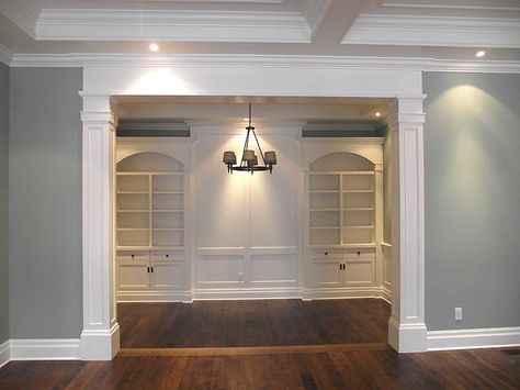 Open Wall Between Living And Family Room, Cased Door Openings, Deep Cased Opening, Large Opening Between Rooms, Case Opening Trim, Framed Opening Between Rooms, Case Opening Ideas, Arched Opening Between Rooms, Encased Opening