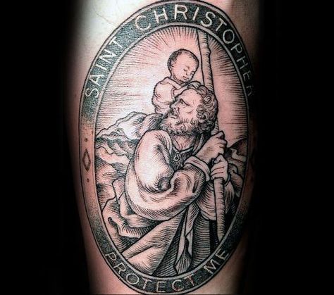 Saint Christopher Protect Me Guys Inner Forearm Tattoo With Woodcut Design St Christopher Tattoo, Rick Genest, Inner Forearm Tattoo, Miami Ink, Religious Tattoo, Religious Tattoos, Tattoo For Son, Scott Campbell, St Christopher