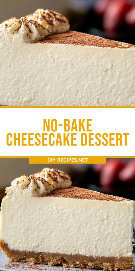 Impress your guests with this No-Bake Cheesecake! A velvety filling on a crunchy graham cracker crust—perfect for any occasion. Low Sugar Cheesecake Recipes, Unbaked Cheesecake Recipes, No Cook Cheesecake Recipes, Easy Cheesecake No Bake, Cheesecake Filling No Bake, No Bake Cheesecake Recipes Easy, Easy No Bake Cheesecake Recipes, Easy Cheesecake Recipes No Bake, No Bake Cheesecake Easy