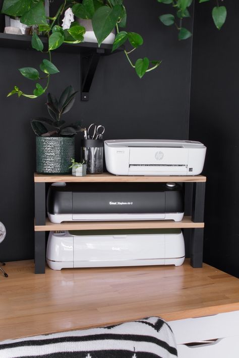 Looking for an easy DIY printer stand idea? I'm sharing what I made to maximize vertical space on a desktop, plus storage for my Cricut machines! Diy Printer Stand, Cricut Storage, Printer Storage, Storage Hacks Diy, Koti Diy, Dream Craft Room, Printer Stand, Craft Room Design, Diy Casa