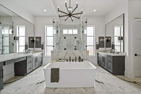 Bathroom For Multiple People, Master Bath Separate Toilet, Big Open Shower Master Bath, Master Bath Seperate Toilet, Master Bath Blueprint, Black And White Bathroom, Pony Wall, Master Shower, Shower Time