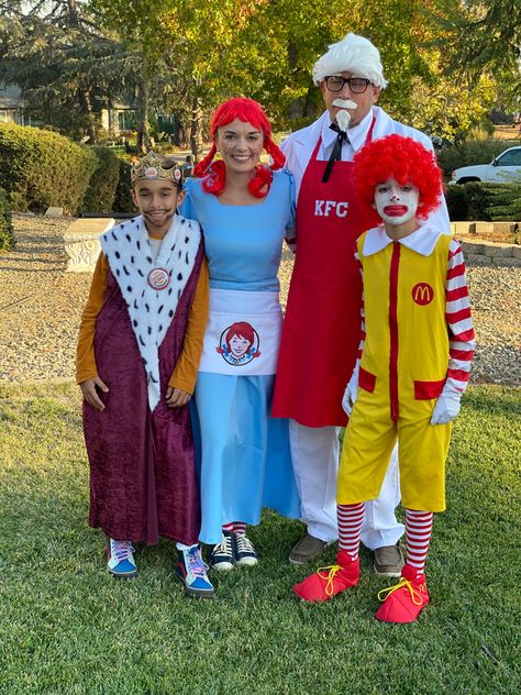 Fast Food Mascot Halloween Costumes, Halloween Fast Food Costumes, Wendy’s Fast Food Costume, Wendy’s Halloween Costumes, Mcdonald's Characters Costumes, Ronald Mcdonald And Hamburglar Costume, Ronald Mcdonald Halloween Costumes, Fast Food Characters Costumes, Family Game Night Costumes