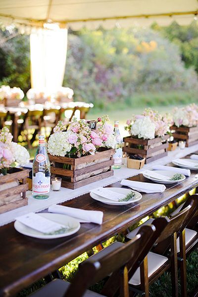 Summer Wedding Ideas Outdoor Dinner Parties, Tafel Decor, Wine Crate, Outdoor Dinner, Rustic Wedding Centerpieces, Outdoor Wedding Reception, Rustic Country Wedding, Venue Ideas, Winery Weddings