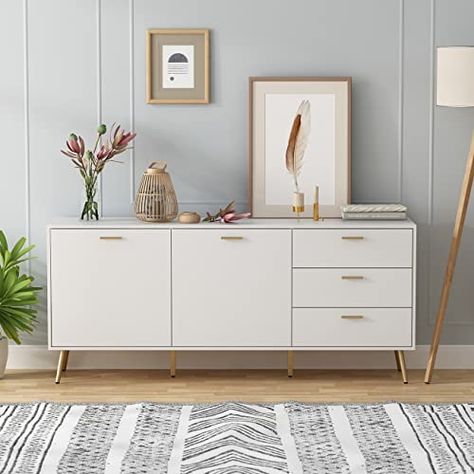 White Credenza Office, Sideboard In Office, Coffee Sideboard, Kitchen Standing Cabinet, White Sideboard Buffet, Modern Wood Kitchen, Sideboard White, Bedroom Storage Cabinets, Dining Room Console