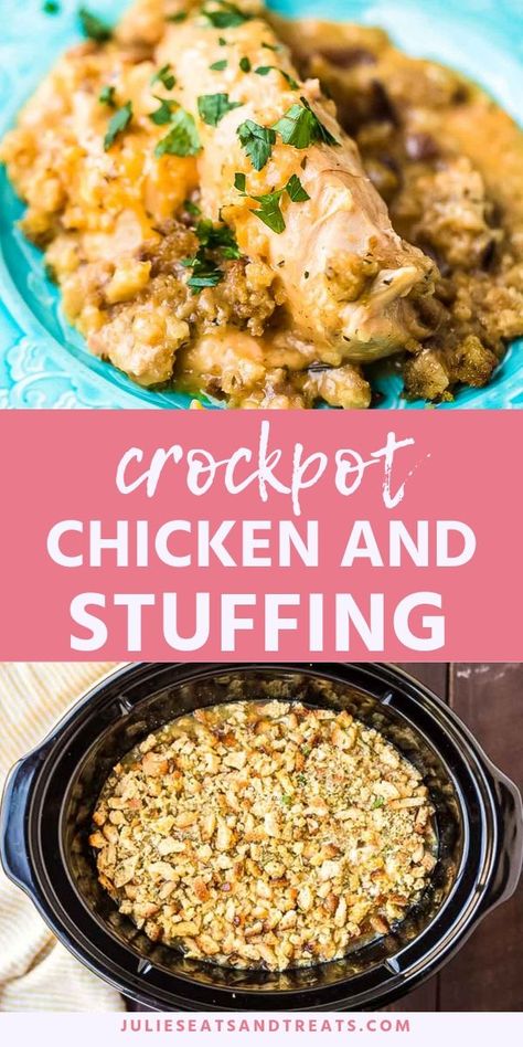 Crockpot Chicken and Stuffing is a delicious comforting dinner for busy nights! Layers of chicken breasts topped with a creamy soup mixture, cheese and stuffing! This is the ultimate comfort food that your entire family will love. Pair it with roasted vegetables or steamed vegetables and you have an entire meal. #crockpot #recipe Stuffing Crockpot, Dinner For Busy Nights, Crockpot Chicken And Dressing, Crockpot Chicken And Stuffing, Stuffing Chicken, Creamy Crockpot Chicken, Chicken And Stuffing, Chicken Breast Crockpot Recipes, Crockpot Chicken Breast