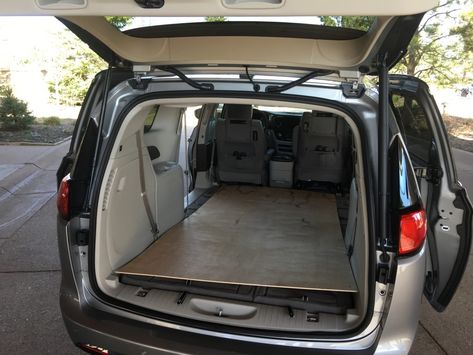 2017 Chrysler Pacifica interior with 4x8 plywood Chrysler Pacifica Camper Conversion, Chrysler Pacifica Camping, Minivan Camper, Minivan Camper Conversion, Thayer Coggin, Van Conversions, Lincoln Mkx, Fiat Chrysler Automobiles, Rv Ideas