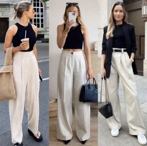 Baggy Linen Pants Outfit, Cream Trousers Outfit, Cream Pants Outfit, White Linen Pants Outfit, Beige Pants Outfit, Wide Pants Outfit, Pants Outfit Work, Dress Pants Outfits, Linen Pants Outfit