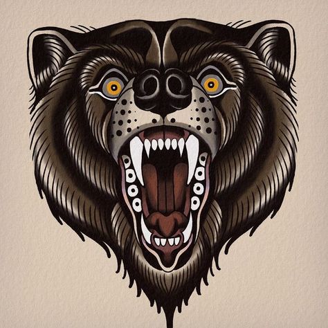 Traditional Tattoo Illustration, Wolf Tattoo Traditional, Traditional Bear Tattoo, Traditional Tattoo Animals, Black Bear Tattoo, Traditional Tattoo Flash Sheets, Illusion Tattoos, Optical Illusion Tattoos, Traditional Tattoo Inspiration