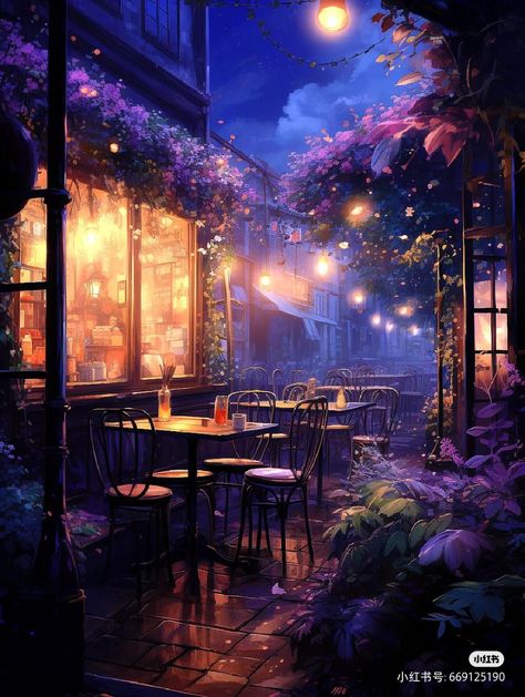 Urban Fantasy Art, Cafe Background, City Scenery, Anime Night, Art Scenery, Scenery Background, Location Inspiration, Cute Pastel Wallpaper, Fantasy Homes