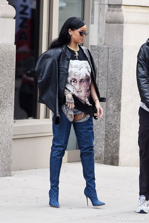 Rihanna Manolo Blahnik, Rihanna Boots, Manolo Blahnik Boots, Looks Rihanna, Walking Down The Street, Manolo Blahnik Heels, Rihanna Style, Denim Boots, Manolo Blahnik Shoes