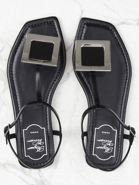 Roger Vivier Sandals, Buckle Sandals, Roger Vivier, Shoe Size Chart, Thong Sandals, Metal Buckles, The Collection, Leather Sandals, Black Silver