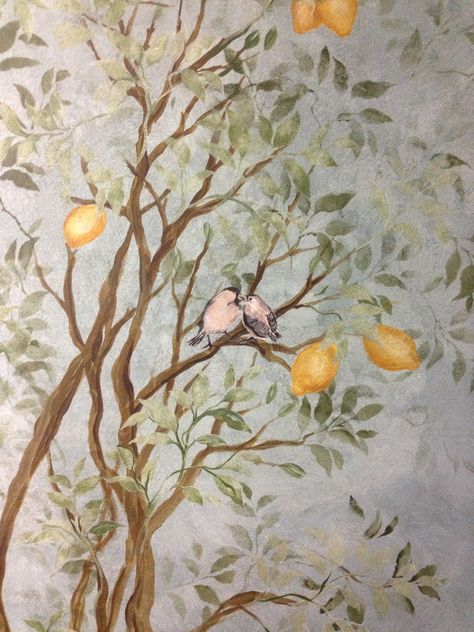 Birds in lemon tree Lemon Tree Mural, Lavender Mural, Lemon Tree Aesthetic, Lemon Tree Wallpaper, Lemon Tree Painting, Bird Mural, Lemon Aesthetic, Tree Wall Painting, Tree Bedroom